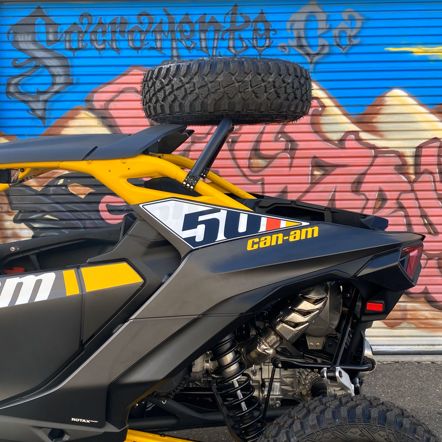 Can-Am Maverick R Above The Roof Dual Clamp Spare Tire Mount SxS - Installed View | Factory UTV
