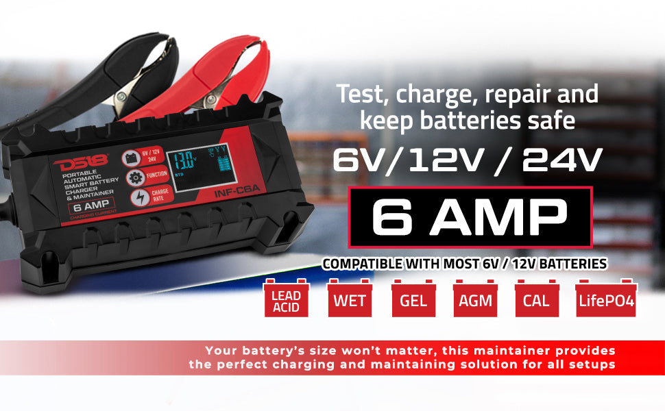6 AMP Automatic Smart Lithium and AGM Car Battery Charger & Maintainer UTV Lighting - Studio View | DS18