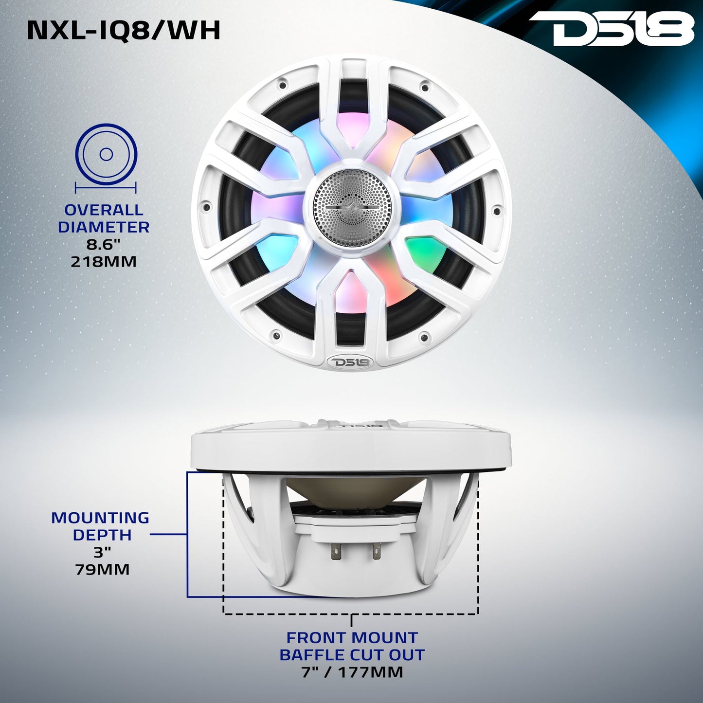 NXL 8" 2-Way Coaxial Marine Speaker with Bullet Tweeter and Digital Led Lights | 175W RMS 4-Ohm