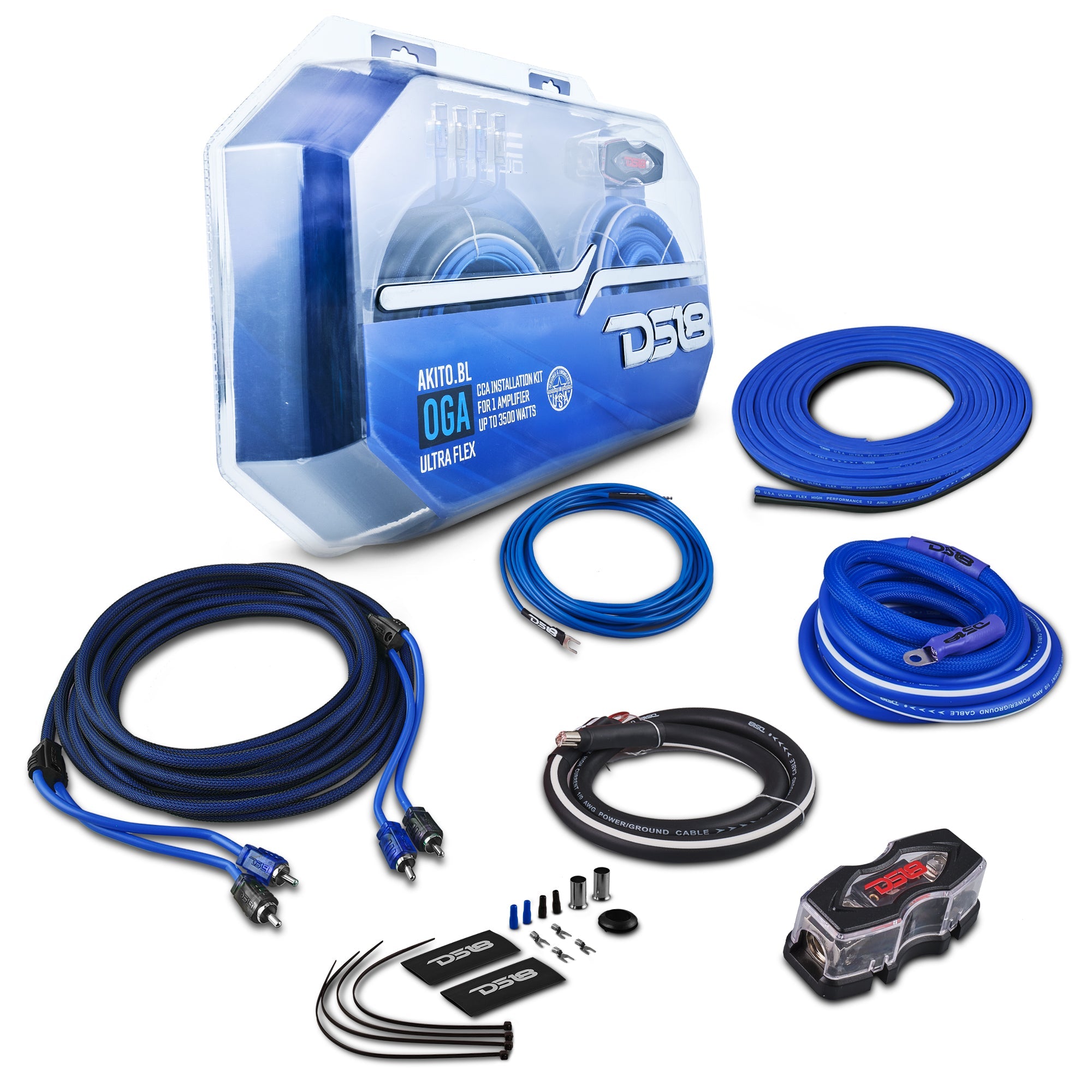 0-GA Amplifier Installation Wiring Kit (Blue) UTV - Front View | DS18
