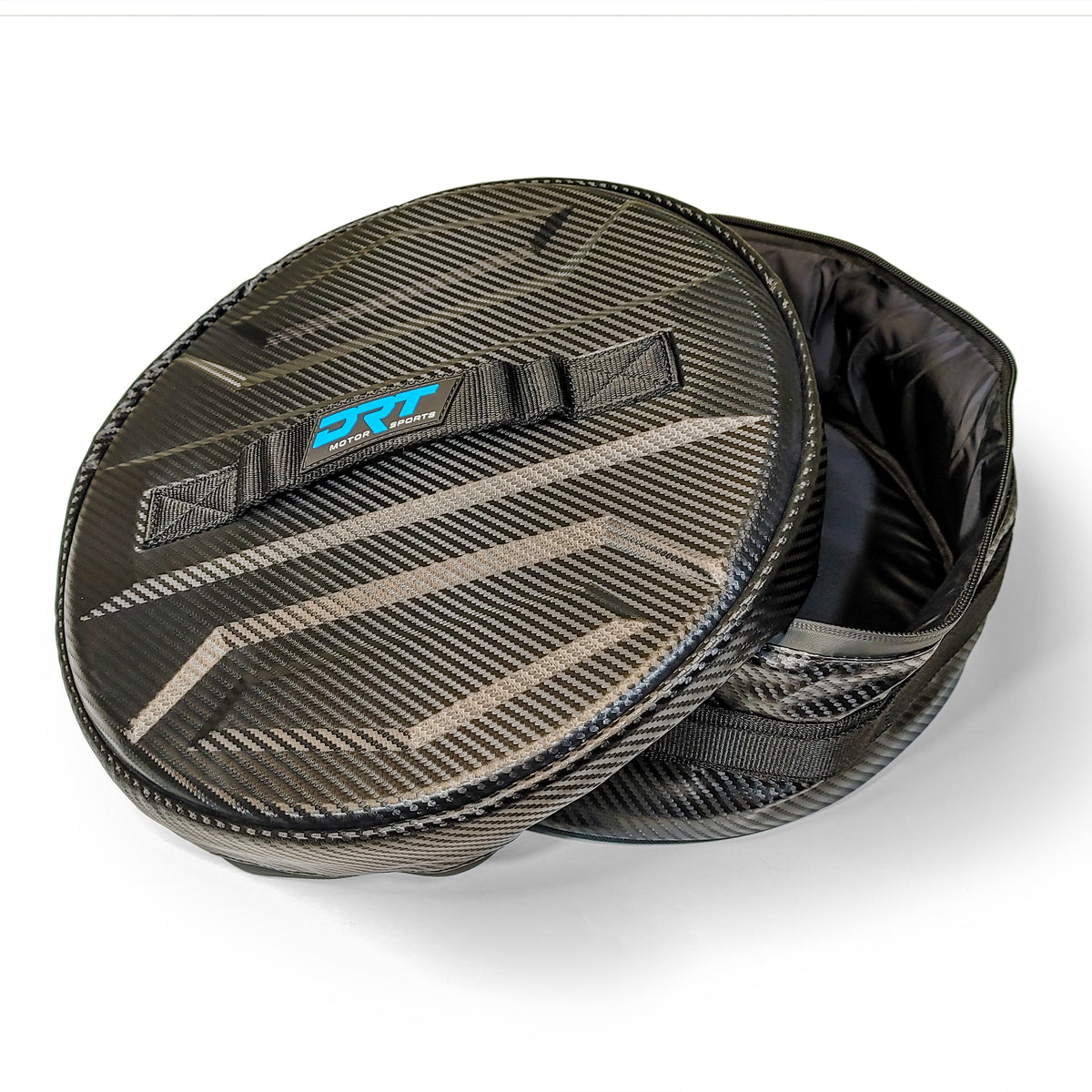 Nylon body spare tire bag showing dual zipper pulls open