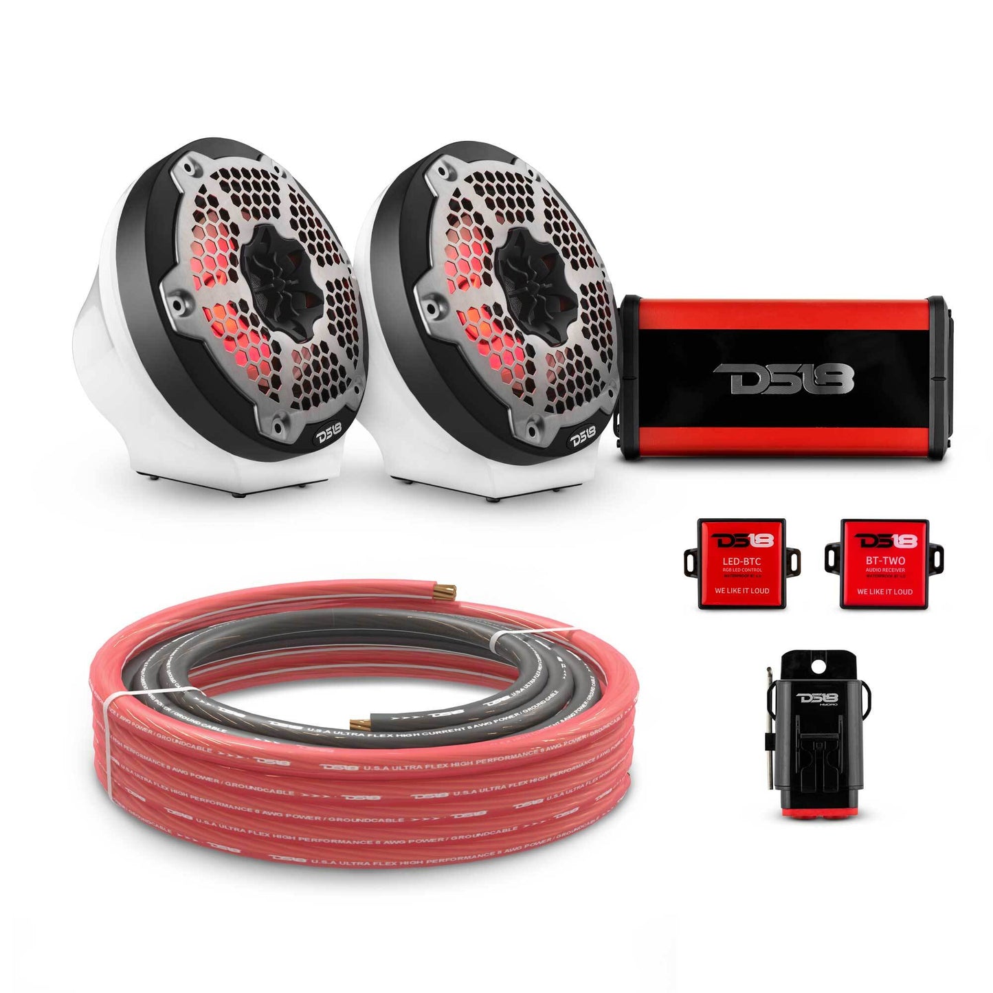 6.5" Loaded Flat Mount Speaker Pods with Amplifier, Installation Kit and RGB LED Lights, Package for Can-Am Spyder & Ryker