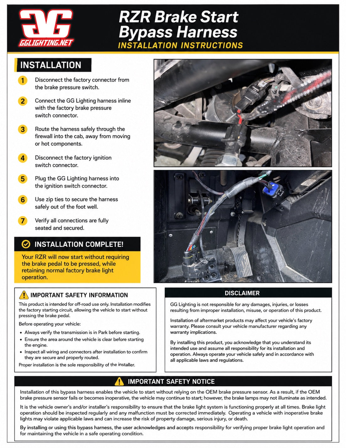 Polaris RZR Pro R / Pro XP / Turbo R Brake Bypass Harness | GGLighting