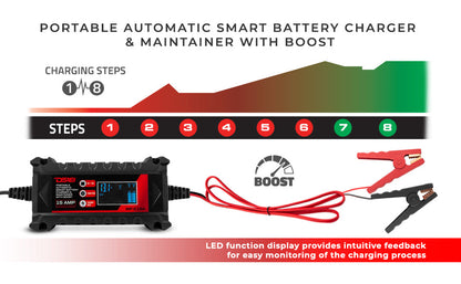15 AMP Automatic Smart Car Battery Charger & Maintainer UTV Lighting - Full View | DS18