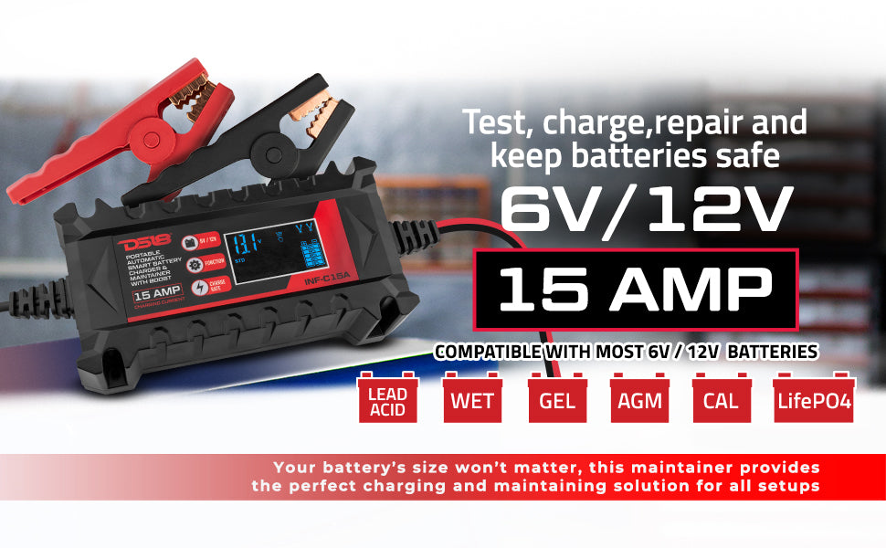 15 AMP Automatic Smart Car Battery Charger & Maintainer UTV Lighting - Studio View | DS18