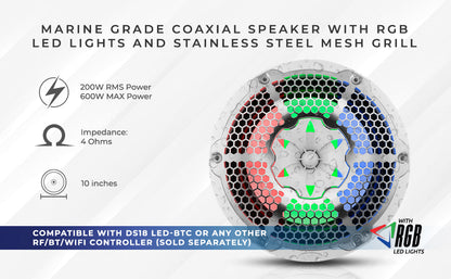 NXL 10" Coaxial Marine Speaker with RGB LED Lights (White)