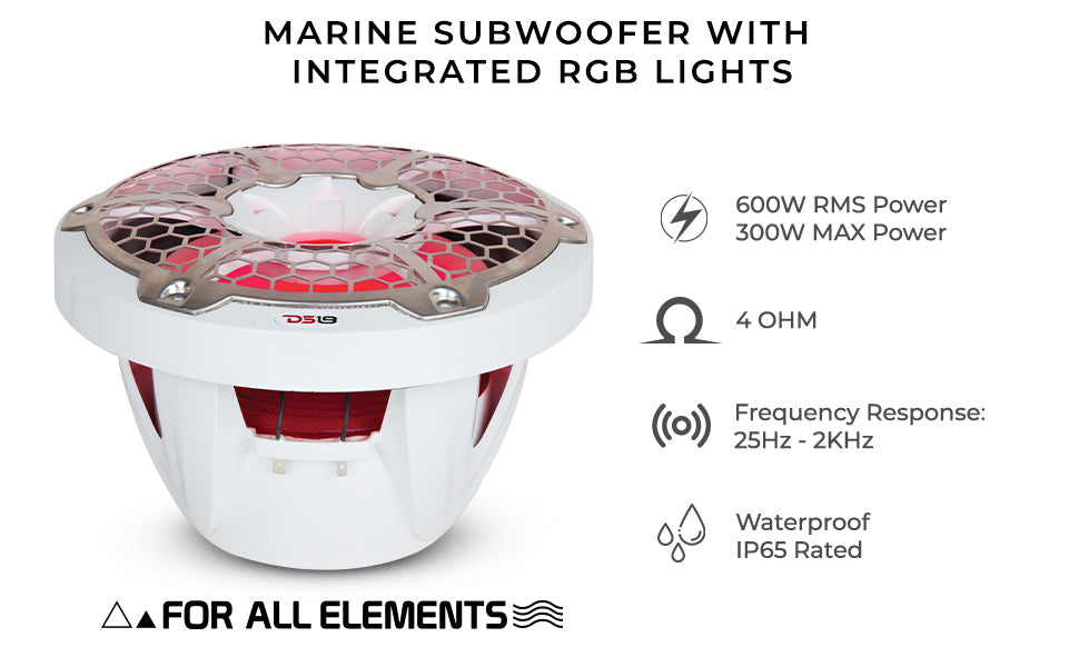 NXL 10in Marine Subwoofer with LED RGB Lights (White) SxS Part - Installed View | DS18