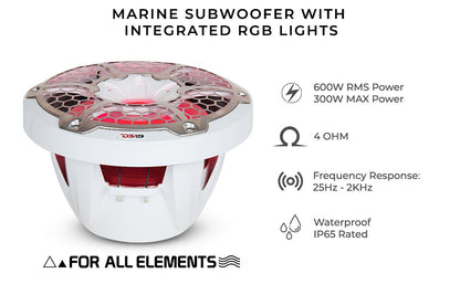 NXL 10in Marine Subwoofer with LED RGB Lights (White) SxS Part - Installed View | DS18