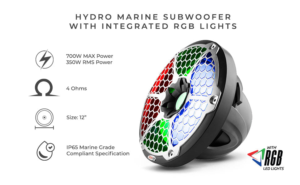 NXL 12in Marine Subwoofer with LED RGB Lights (Black) UTV Lighting - Studio View | DS18