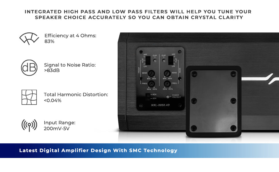 NXL-X850.4D Full-Range Class D 4-Channel Amplifier SxS Part - Installed View | DS18