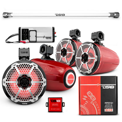 PU-TUBE 4x 8" Marine Towers Speakers with RGB LED Lights, 4-Channel Marine Amplifier and AMPKIT for Pick Up & Trucks