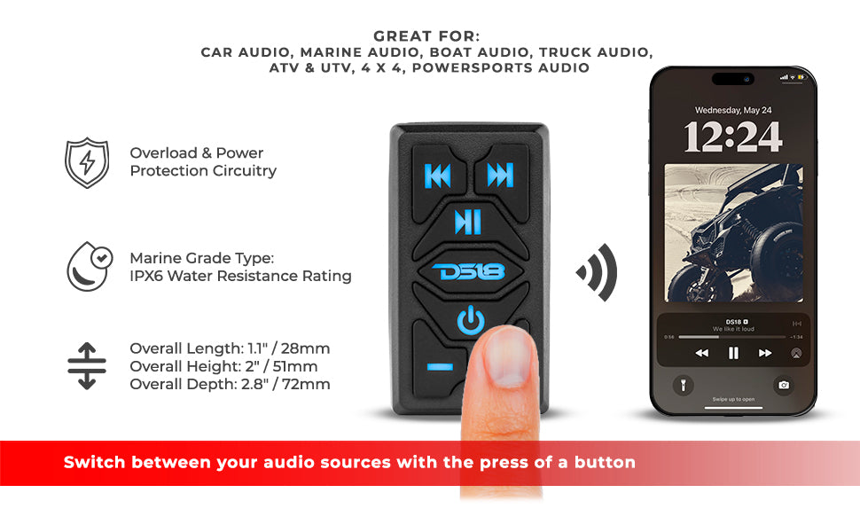 Rocker Switch Bluetooth Audio Receiver With Controls UTV Lighting - Studio View | DS18
