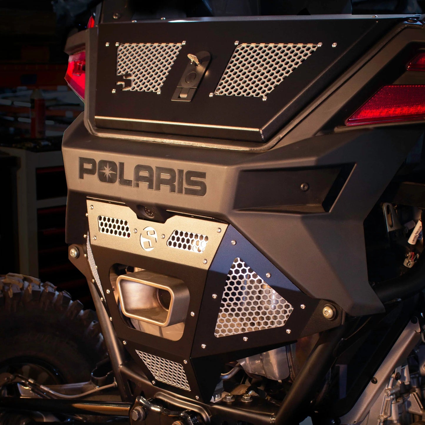SDR Motorsports Polaris RZR Pro R Rear Exhaust Grille Cover Angled View