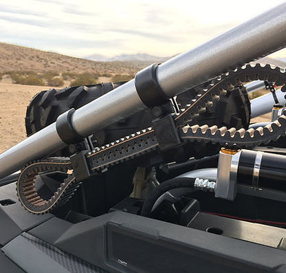 UTV SPARE BELT MOUNT BY DT RACING installed on a roll cage for spare belt storage in off-road vehicles.
