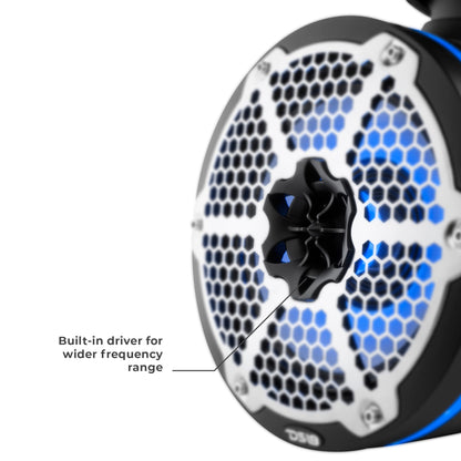 NXL 10" Neodymium Marine and Powersports Towers with Built-in Passive Radiator, 1" Driver and LED RGB Lights 300 Watts Rms