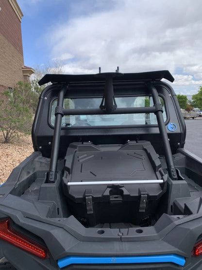 Polaris RZR 1000XP/Turbo 2019-20 Rear Windshield installed on UTV, showcasing safety features and storage options.